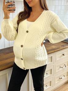 SHEIN Women's Loose Fit Twist Rope Floral Design Lantern Sleeve Cardigan Sweater, Front Button Knitted Maternity Sweater Coat For Autumn/Winter - Beige - View 6