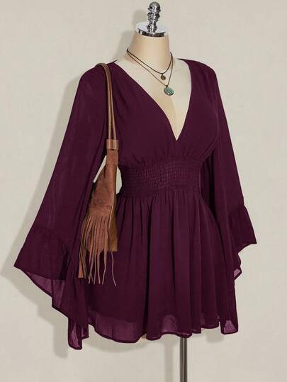 SHEIN ICON Women's Burgundy Solid Color Deep Shirred Shirred Waist Flare Sleeve Fashionable Mini Dress Valentine's Day Boho Tunic Dress Short Flowy Dress Bell Sleeves