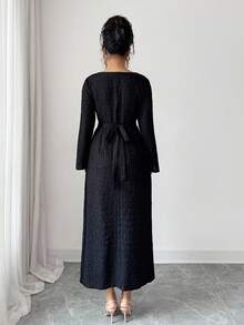 Rafferiza Women's Elegant Textured Pleated Shoulder Tie Waist Slim Fit Round Neck Long Sleeve Solid Color Black Dress, Casual Winter