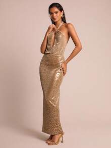 Glamine Women's Shell Decor Sleeveless Elegant Leopard Print Maxi Dress,Gold,Summer,70s,Night Out,Party,Chic Sparkly Shiny Long Dress,Halloween - Brown - View 6