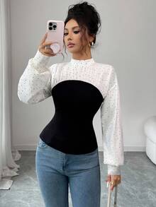 SHEIN Elenzya Women's Elegant Casual Polka Dot Patchwork Stand Collar Lantern Sleeve Pleated Blouse, Suitable For Women's Daily Life, Work, Commuting, Autumn/Winter Season - Black and White - View 3