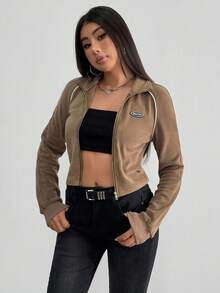 Aidyla Blusa feminina com zíper e listras coloridas contrastantes, gola de metal, outono/inverno