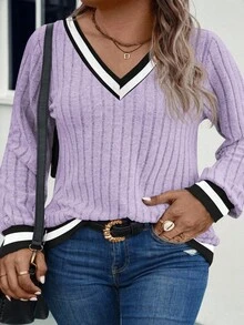 EMERY ROSE Women's Plus Size V-Neck Contrast Trim Soft Plus Size Ribbed Knit Sweatshirt, Autumn/Winter - Purple - View 3
