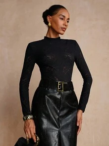 Vesra Camiseta de mujer de manga larga, ajustada, elegante y sexy con estampado de cebra y leopardo transparente y encaje acolchado en los hombros