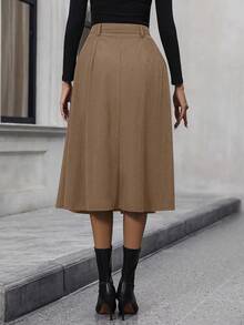 SHEIN LUNE Button Front Flare Skirt Without Belt - Mocha Brown - View 2