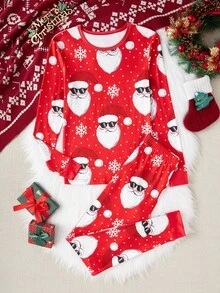 2 件圣诞印花休闲长袖上衣和裤子套装，青少年男童睡衣 - 彩色 - 查看 1