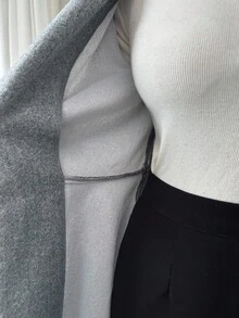 Elenzga 女士优雅灰色翻领交叉腰带金属扣装饰外套，秋冬款 - 灰色 - 查看 8