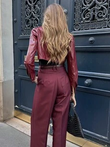Chiquease Women's Autumn Long Sleeve PU Leather Loose Fit Cropped Motorcycle Jacket, Versatile - Burgundy - View 2