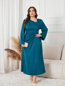 Lacomfia Elegant Solid Color Asymmetrical Neck Straight Sleeve Ruched Waist A-Line Plus Size Midi Dress, Spring/Autumn - Dark Green - View 5
