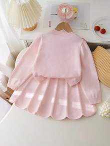 Souflis Souflis Young Girl Casual And Cute Pink Knitted Short Long-Sleeved Sweater With Bow And Knitted Skirt, Soft And Comfortable, Suitable For Daily Occasions, Suitable For Suitable For Traveling, Suitable For Vacation, Suitable For Home Scenes, Suitable For Nursery Scenes, Suitable For Children To Play. Wear Spring, Autumn And Winter Clothing, Festival Girls Outfit Sets - Pink - View 3