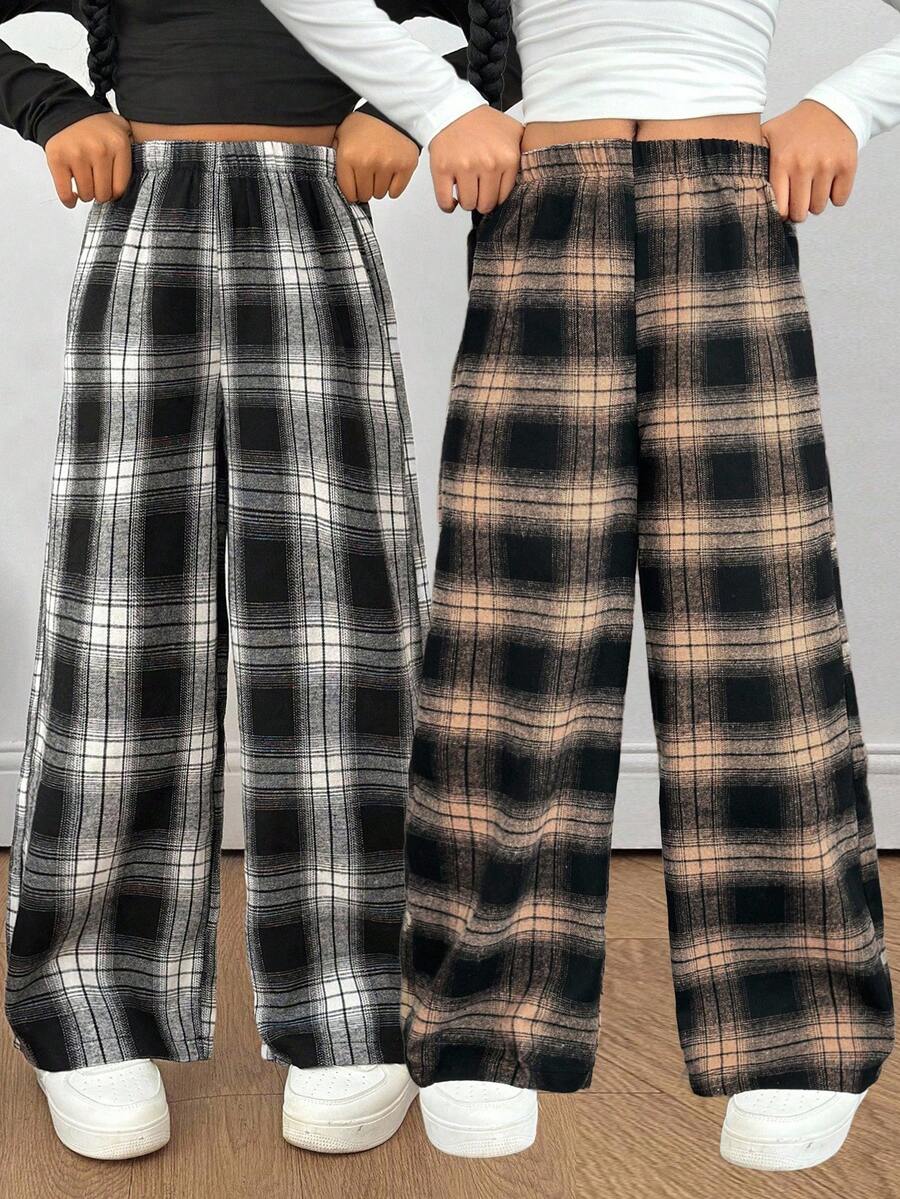Sparklyn 2pcs/Set Tween Girls Casual All-Match Versatile Plaid Loose Wide Leg Pants, Suitable For School, Daily Wear, Home Fall Winter - Multicolor - View 1