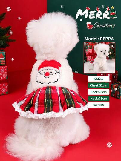 PETSIN 1 件猫狗通用宠物衣服，可爱刺绣圣诞老人圣诞装，秋冬季加绒加厚保暖棉质连衣裙