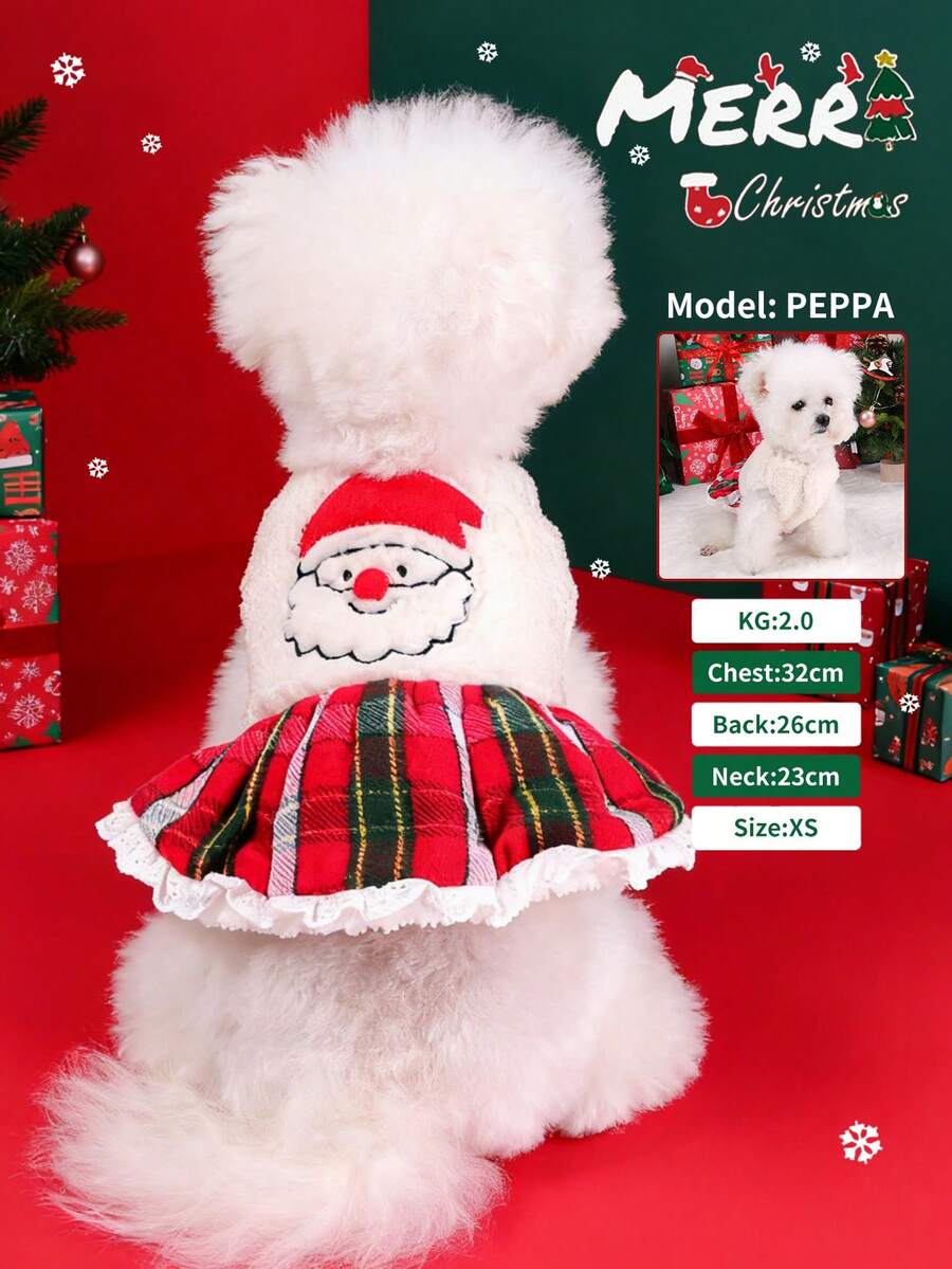 PETSIN 1pc Cat And Dog Universal Pet Clothes, Cute Embroidered Santa Claus Christmas Outfit, Autumn And Winter Plus Plush Thick Warm Cotton Dress - red grid - View 1