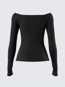 SHEIN BASICS Women's Casual Off Shoulder Long Sleeve Fitted T-Shirt, Suitable For Autumn/Winter, 95% Cotton,Black Tops - Black - View 5
