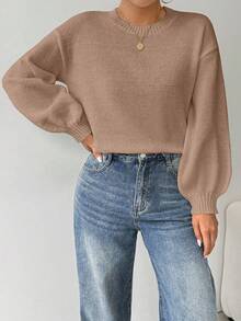 EMERY ROSE Loose Round-Neck Lantern Sleeveharmony Drop Shoulderknitted Sweater - Apricot - View 5