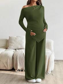 SHEIN 2件套孕妇休闲纯色不对称上衣和裤子套装 - 軍綠色 - 查看 7