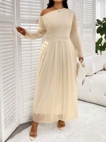 SHEIN Clasi Đầm dài tay lệch vai thanh lịch cỡ lớn, đầu thu - Màu be - Xem 3