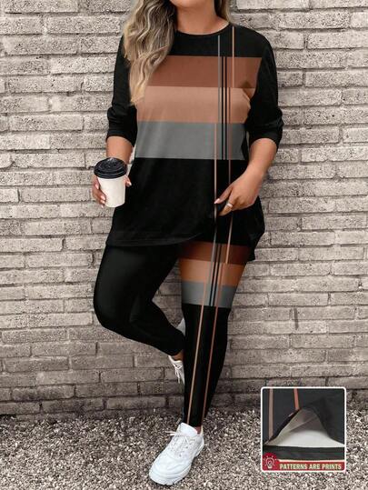 SHEIN LUNE Set de 2 piezas de camiseta de manga larga y pantalones de yoga informales para mujer de talla grande, adecuados para otoño/invierno