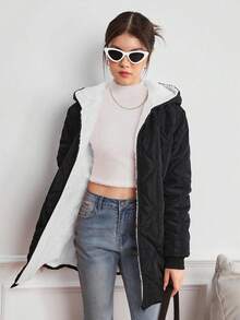 Teen Girl Winter Zip-Up Hooded Long Sleeve Teddy Bear Plush Lined Quilted Ombre Plaid Cotton Padded Mid-Length Jacket - Black and White - View 4