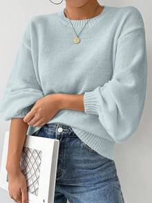 EMERY ROSE Loose Round-Neck Lantern Sleeveharmony Drop Shoulderknitted Sweater - Baby Blue - View 7