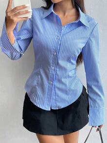 Flirla 纯色修身条纹印花纽扣长袖衬衫 - 藍色 - 查看 6