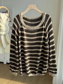 Comfortcana 大码条纹插肩袖休闲毛衣，秋冬 - 棕色 - 查看 6