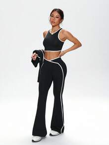 Dewbera 3 件套女式撞色绑带工字背心、夹克和高腰喇叭裤运动套装 - 黑色 - 查看 5