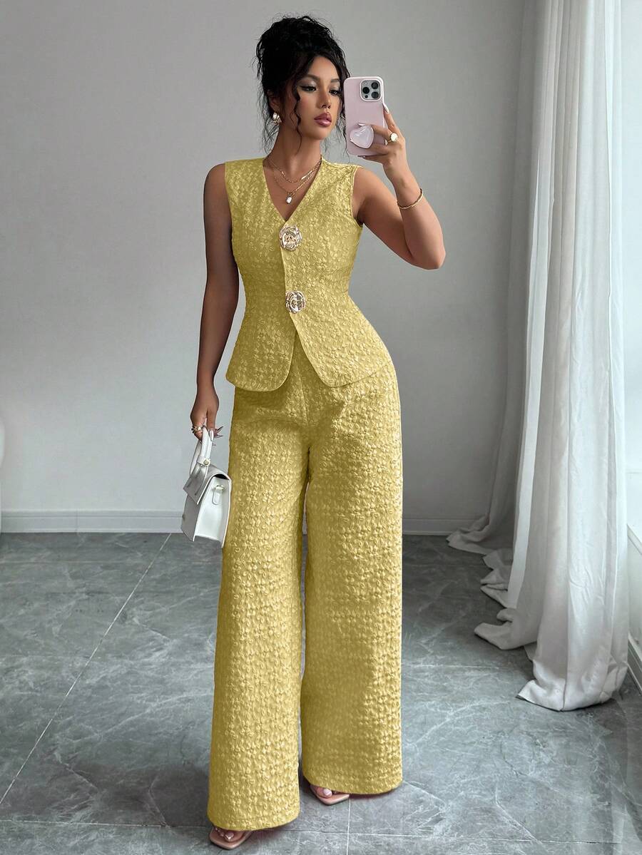 Selianne Bộ 2 món họa tiết thanh lịch dành cho nữ, màu hồng, mùa hè - Màu vàng - Xem 1
