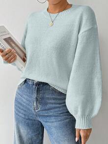 EMERY ROSE Loose Round-Neck Lantern Sleeveharmony Drop Shoulderknitted Sweater - Baby Blue - View 5