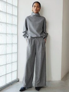 Lumivelle 女士秋季立领长袖衬衫和阔腿休闲宽松两件套 - 深灰色 - 查看 6