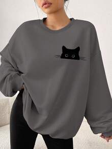 SHEIN EZwear 好奇黑猫印花休闲简约设计加厚宽松圆领长袖卫衣，适合秋冬季节、圣诞节穿着。 - 深灰色 - 查看 7