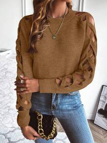 EMERY ROSE Women's Sexy Criss-Cross Hollow Out Sleeve Round Neck Sweater, Autumn/Winter - Camel - View 6