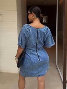 Dripcurv 大码休闲水洗牛仔蝙蝠袖连衣裙