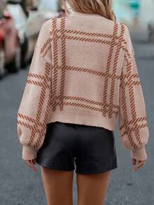 SHEIN LUNE Women's Retro Casual Everyday Plaid Drop Shoulder Lantern Sleeve Sweater, Autumn/Winter - Apricot - View 2