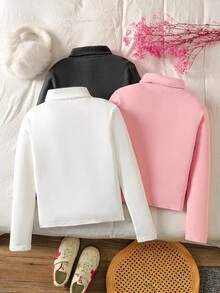 SHEIN 3pcs Tween Girls' Solid Black White Pink Embroidered Casual Turndown Collar Long Sleeve Tops Set,Basic School Back-To-School Autumn Clothes 3 Packs - Multicolor - View 2