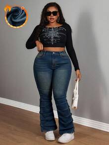 Slaydiva Plus Size Women Elastic Blue Vintage Side Pleated Flare Jeans - Dark Wash - View 7