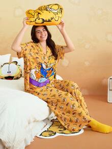 GARFIELD | SHEIN 大码可爱猫咪印花露肩上衣和裤子睡衣套装 - 黃色 - 查看 5