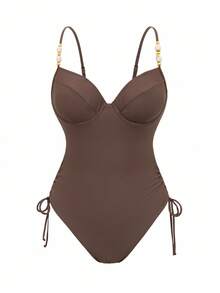 Swim Chiccia Women's Brown Tight Sexy Drawstring Elegant Beach One Piece Swimsuit, Summer - Brown - View 5