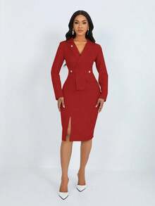 SHEIN Unity Đầm Maxi Nữ Tay Dài Cổ Ve Áo Màu Trơn, Viền Xẻ, Trang Phục Thu Đông Cho Nữ - Màu Đỏ Sâu - Xem 6