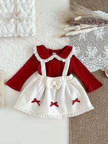 SHEIN 2 件套秋季女童休闲学院风套装、娃娃装上衣和连衣裙冬季 - 酒紅色 - 查看 6