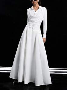 LYSMO Conjunto de 2 piezas de top ajustado con cuello drapeado plisado de unicolor y falda larga en línea A para mujer, estilo casual de oficina, primavera/otoño