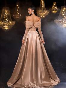 Glamrae 优雅的香槟色，奢华的亮片露肩不对称扭纹长袖，缎面超大连衣裙，适合所有正式场合，婚礼活动，婚礼宾客，秋冬优雅派对礼服，女士奢华晚礼服，万圣节和圣诞节礼服 - 香檳色 - 查看 5