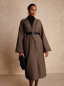 Vesra Abrigo largo de lana suelto, de unicolor, con cuello de solapa y manga larga, versátil y de moda para mujer