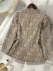 Flirla 卡其色夏季休閒正裝大尺碼女款花卉提花泡泡袖優雅西裝外套，適合秋季畢業季、返校季、教師秋季穿搭 - 卡其色 - 查看 2