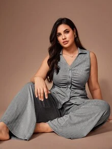 Lazeform Women's Casual Solid Color Jacquard Knit Collared Sleeveless Pleated Cardigan & Pants Plus Size Pajama Set - Grey - View 6