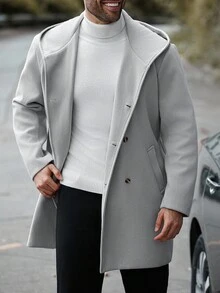 Manfinity Homme Áo khoác dài tay mùa đông màu trơn, cài khuy đôi, có mũ dành cho nam giới cỡ lớn, quà tặng cho bạn trai, áo khoác mùa thu, màu xám nhạt, phong cách thường ngày. Rất phù hợp cho các cặp đôi và là món quà tuyệt vời dành cho bạn trai, chồng hoặc bạn bè. - Xám - Xem 4