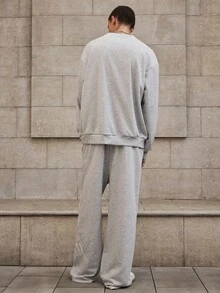 Mainfolk Men's Letter Applique Crew Neck Long Sleeve Sweatshirt And Pants Set, Autumn, For Fall Winter, Cozy Outfits - Light Grey - View 3