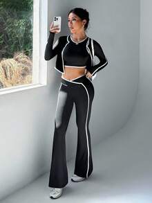 Dewbera 3 件套女式撞色绑带工字背心、夹克和高腰喇叭裤运动套装 - 黑色 - 查看 3
