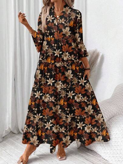 Plus Size Women Casual Elegant Maple Leaf Print Dress, Suitable For Autumn/Winter Long Floral Dress Women Fall Dress Boho Dress Women Autumn Dress Earth Tone Dress
