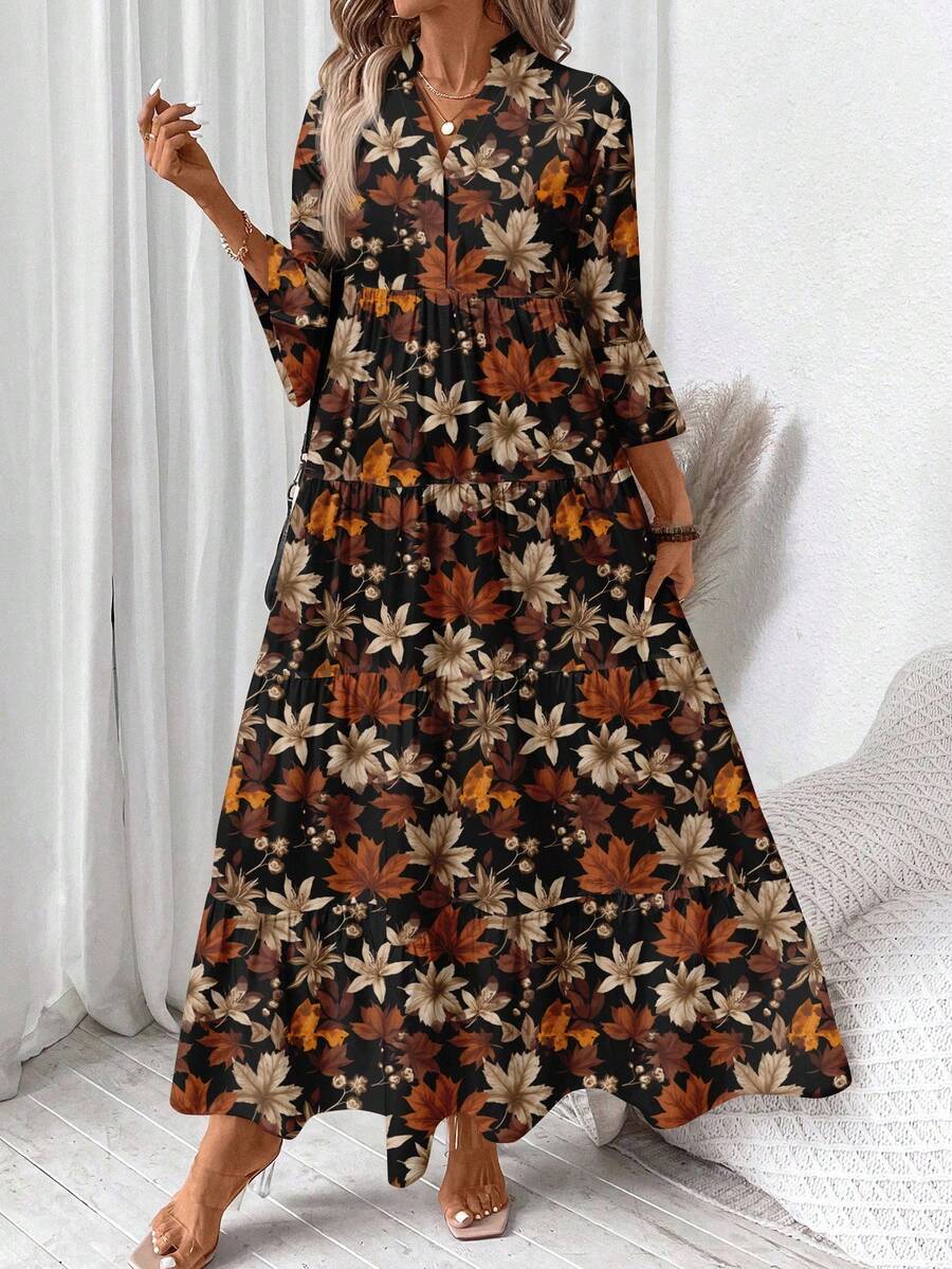 Abito casual ed elegante da donna taglie forti con stampa a foglia d'acero, adatto per l'autunno/inverno